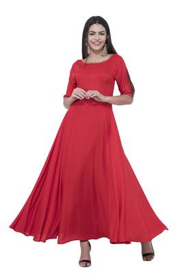 Red plain rayon long-kurtis 1