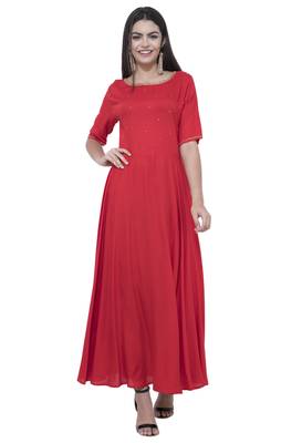 Red plain rayon long-kurtis 2