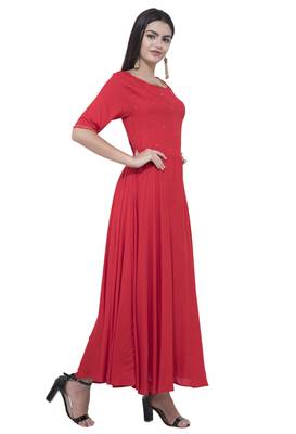 Red plain rayon long-kurtis 4