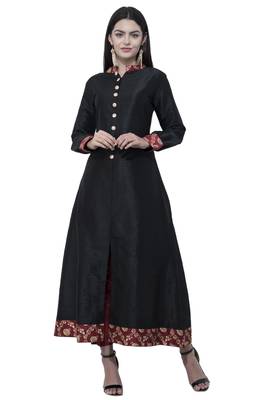 Black printed art silk long-kurtis 1