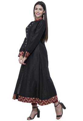 Black printed art silk long-kurtis 2