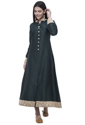 Green printed art silk long-kurtis 1