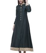 Green printed art silk long-kurtis