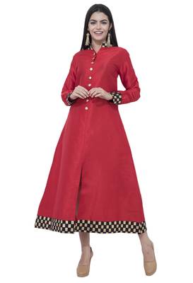 Red printed art silk long-kurtis 1