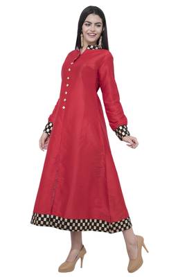Red printed art silk long-kurtis 2