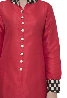 Red printed art silk long-kurtis 3
