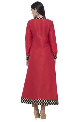 Red printed art silk long-kurtis 4