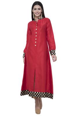 Red printed art silk long-kurtis 5