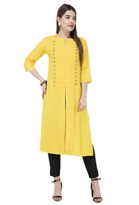Yellow plain rayon long-kurtis 1