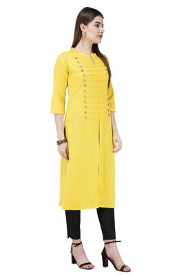Yellow plain rayon long-kurtis 2