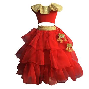 Red blouse ,Frill tissue three layered Lehenga ,indowestern,designer Lehenha choli  without chunni 1