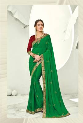 Green embroidered pure chiffon saree with blouse 1