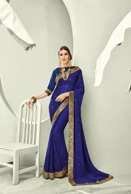 Blue embroidered pure chiffon saree with blouse 1