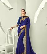 Blue embroidered pure chiffon saree with blouse