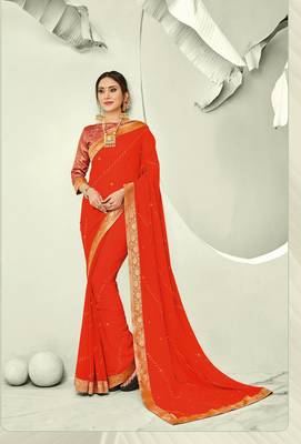 Orange embroidered pure chiffon saree with blouse 1