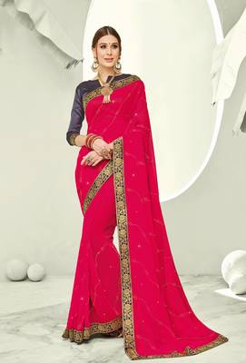 Pink embroidered pure chiffon saree with blouse 1