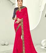 Pink embroidered pure chiffon saree with blouse