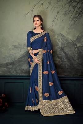 Dark blue embroidered poly silk saree with blouse 1