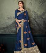 Dark blue embroidered poly silk saree with blouse