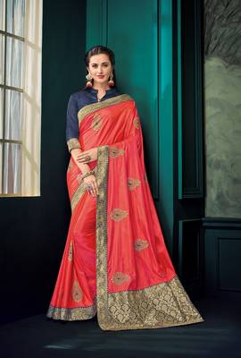 Peach embroidered poly silk saree with blouse 1