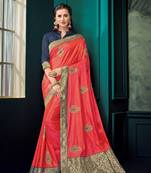 Peach embroidered poly silk saree with blouse