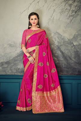 Pink embroidered poly silk saree with blouse 1