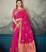 Pink embroidered poly silk saree with blouse