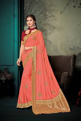 Pink embroidered poly silk saree with blouse 1