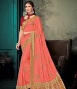 Pink embroidered poly silk saree with blouse