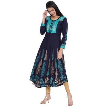 Navy-blue printed rayon kurta 1