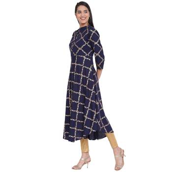 Navy blue printed rayon kurta 3