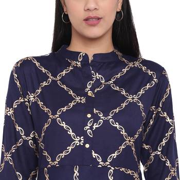 Navy blue printed rayon kurta 5