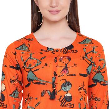 Orange printed rayon kurta 5