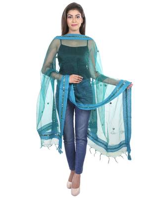 turquoise Self Designz Tissue Dupatta with Mirror Work 1