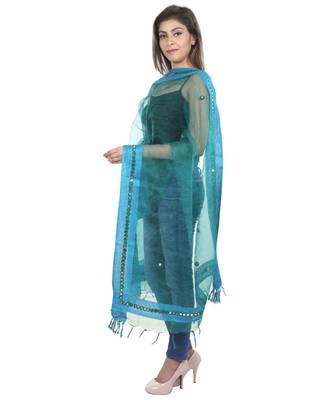 turquoise Self Designz Tissue Dupatta with Mirror Work 2