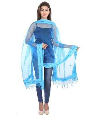 turquoise Self Designz Tissue Dupatta with Mirror Work 1
