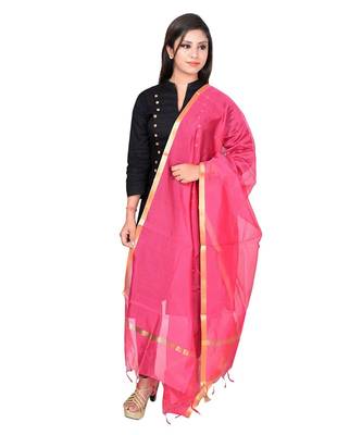 pink Cotton Chandei Dupatta With Zari Border 1