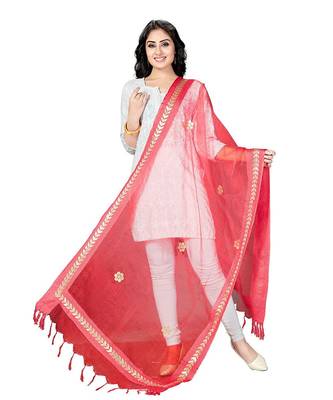 Red  Self Designz Tissue Dupatta with Gota Patti Work 1