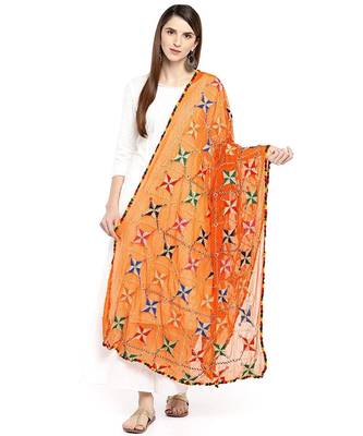 Orange Fulkari Work Dupatta On Chiffon 1