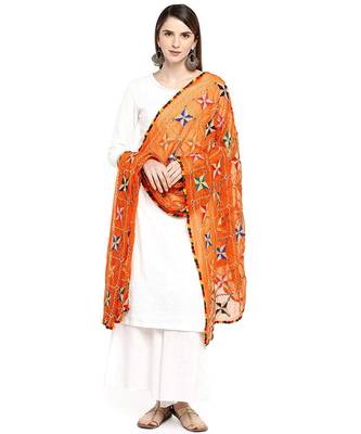 Orange Fulkari Work Dupatta On Chiffon 2