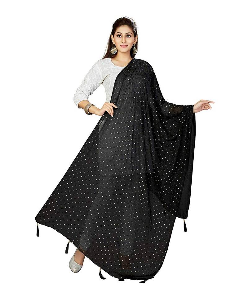 Black  Chiffon Golden Mukesh Work Dupatta