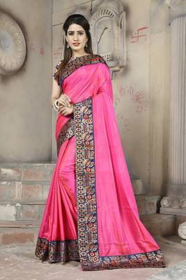 Pink plain paper cotton saree with blouse 1