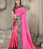 Pink plain paper cotton saree with blouse
