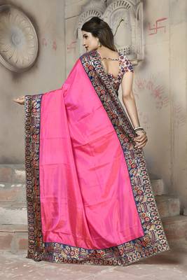 Pink plain paper cotton saree with blouse 2