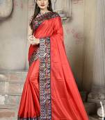 Red plain paper cotton saree with blouse