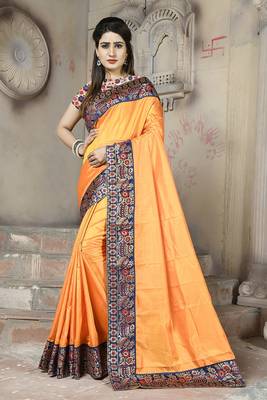 Orange plain paper cotton saree with blouse 1