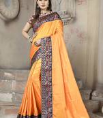 Orange plain paper cotton saree with blouse
