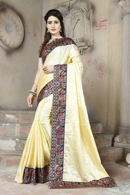 Cream plain paper cotton saree with blouse 1