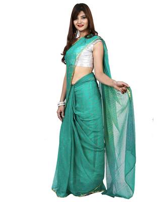 Turquoise Blue plain chiffon saree with blouse 2