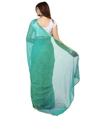 Turquoise Blue plain chiffon saree with blouse 4